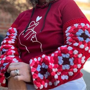 Red Hoodie with Handmade Crochet Sleeves